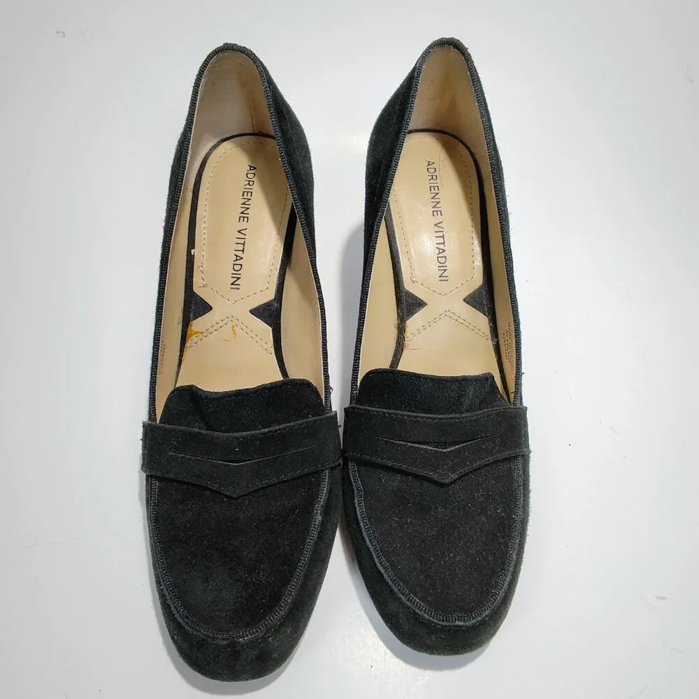 Adrienne Vittadini Women's Size 6M Black Suede‎ Penny Loafer Block Heels